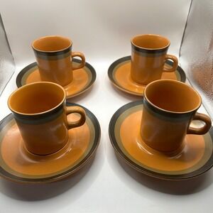 Arrow Stone Japan Vintage 4 Pc Coffee Tea Cup Saucer Set MCM Retro Orange Brown